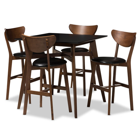 BAXTON STUDIO Eline Black Faux Leather Upholstered Walnut Finished 5-Piece Pub Set 144-8075-8072